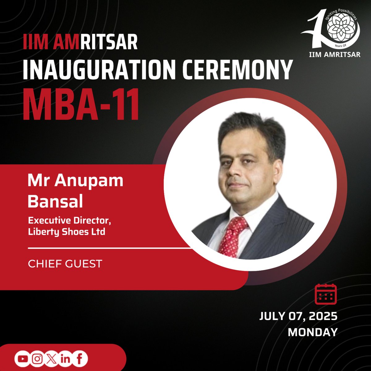 IIMAmritsar's tweet image. IIMAm is honoured to welcome Mr Anupam Bansal, Executive Director-Retail, Liberty Shoes Ltd., as Chief Guest for the 11th Inaugural Ceremony. 
From transforming Liberty to co-founding Izzhaar, his journey is one of vision, innovation &amp;amp; leadership.
#IIMAm #Leadership #Izzhaar