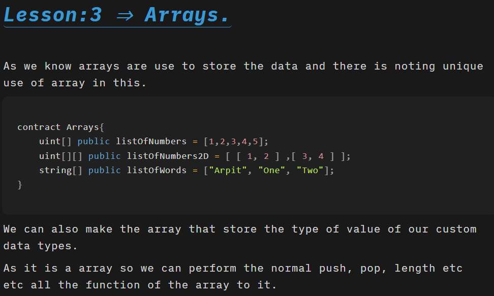arpit1551's tweet photo. Today learned about mappings, structs &amp; arrays in Solidity 📘
Nested mapping was lil tricky but fun to implement. Also wrote a small contract to store books by user address.
Wrote everything by hand 😅 slow but helping a lot!
#Solidity #Web3 #100DaysOfCode https://t.co/cUtxYRNNgT