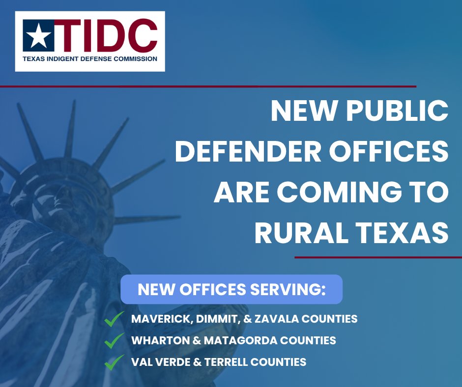 Rural Texas counties are getting new public defender offices!

TIDC approved $7M+ for new or expanded public defender offices in 8 counties.

These investments help address the attorney shortage crisis and ensure that everyone in Texas has access to quality legal representation.