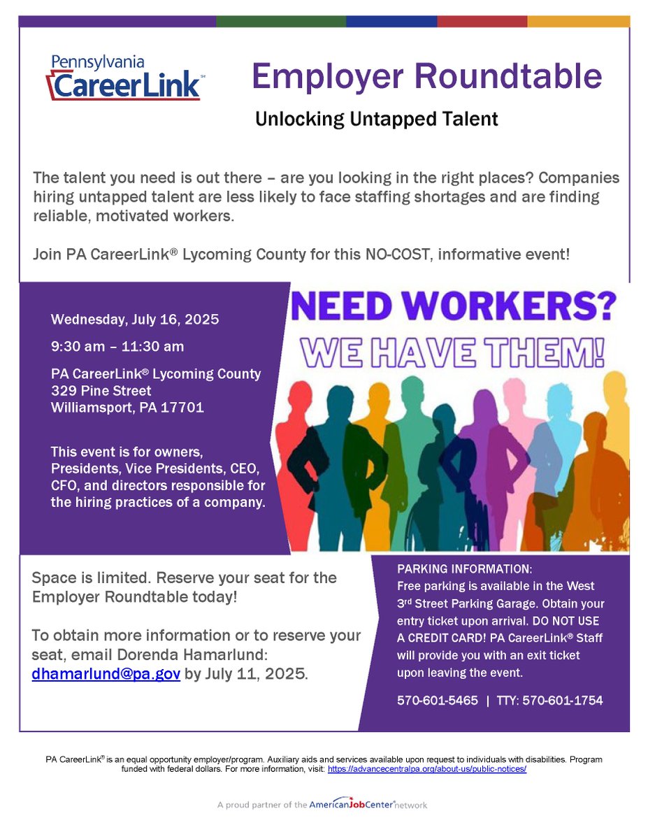CorrectionsPA's tweet image. DOC Workforce Development Specialist Dorenda Hamarlund is hosting a roundtable with Pennsylvania CareerLink Lycoming County called “Unlocking Untapped Talent” for employers looking for employees.
Come learn about the many benefits of hiring untapped populations—including…