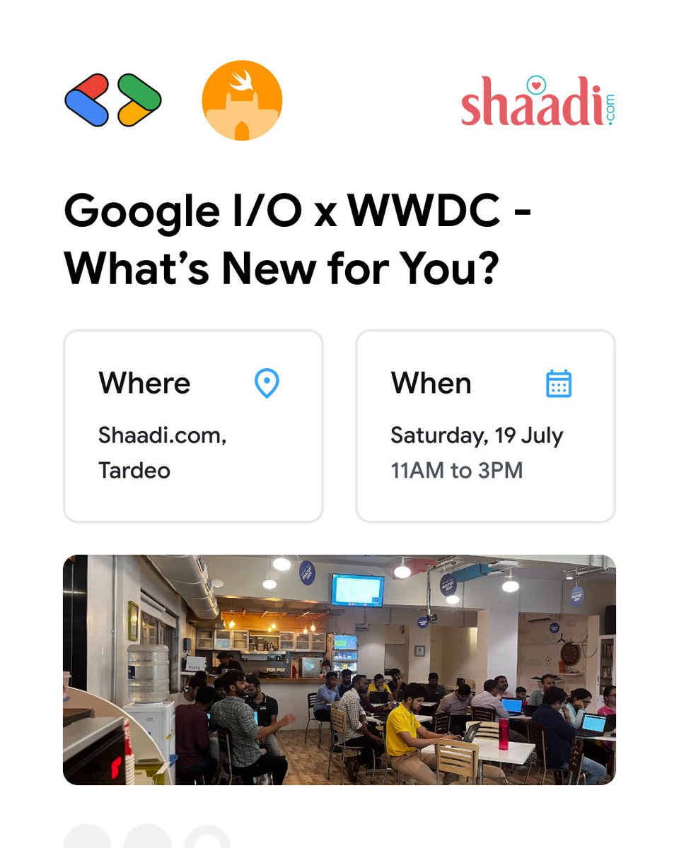 swift_mumbai's tweet image. 🚀 @Google I/O and @Apple WWDC just unleashed a tidal wave of fresh tech (and maybe a few nightmares for our old code)

Join @gdgmad &amp;amp; @SwiftMumbai for an epic joint meetup + therapy session on 19th July at @ShaadiDotCom!

Register: lu.ma/uyhxuxue?utm_s…