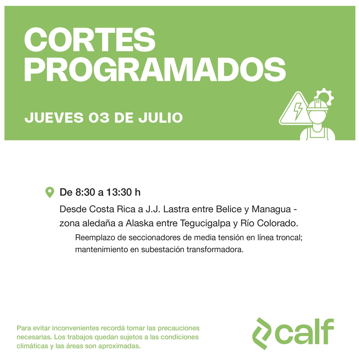 Calf informa los cortes programados para este jueves 3 de julio.
#Calf #Neuquen