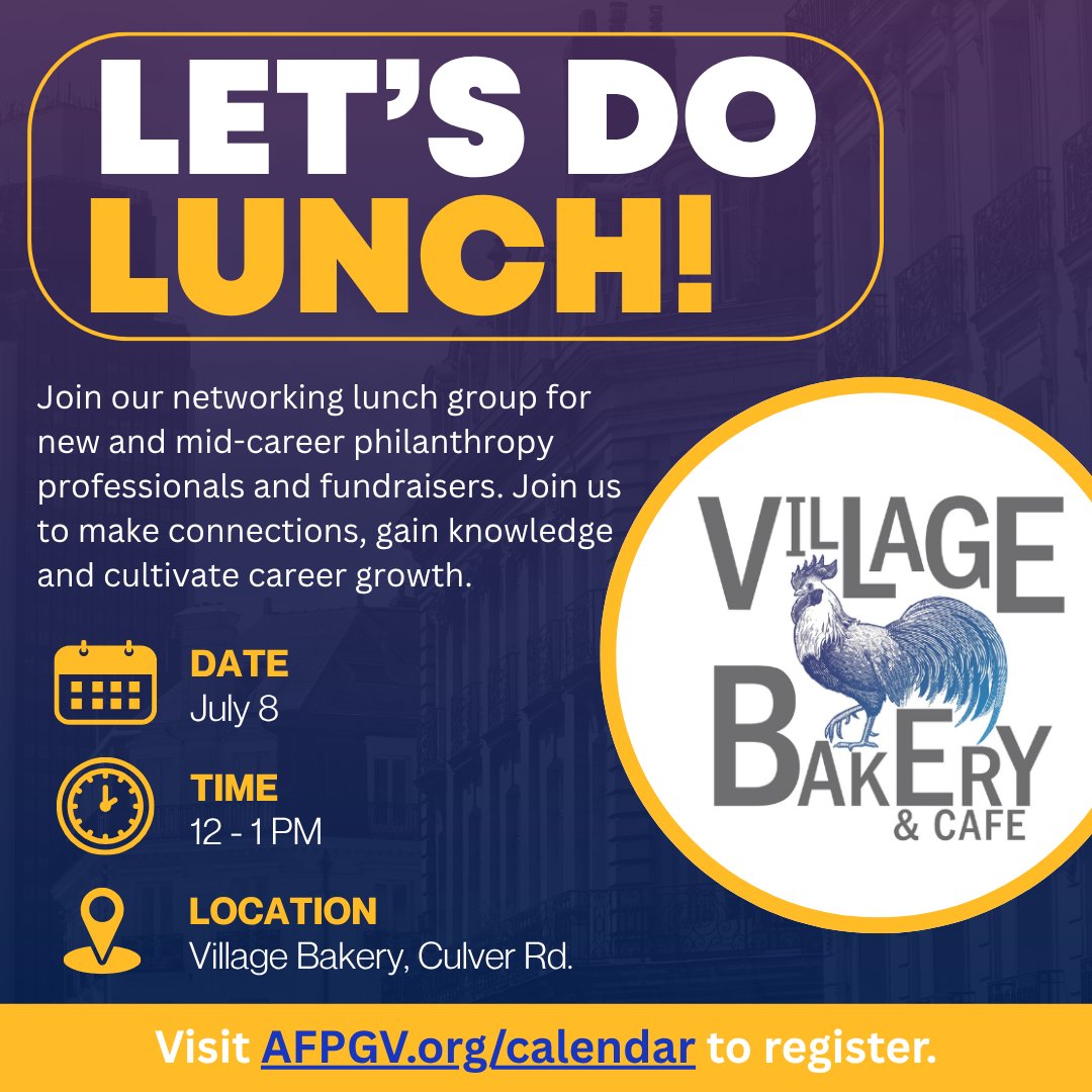 afpgv's tweet photo. Let's do lunch!

Our Emerging Leaders networking group is for new and mid-career philanthropy professionals and fundraisers. Join us for networking and growth opportunities. 

Join us at Village Bakery on Culver Rd., July 8, at noon. 

Register here: https://t.co/qStUN30dIp https://t.co/6Ke4QpY8MP
