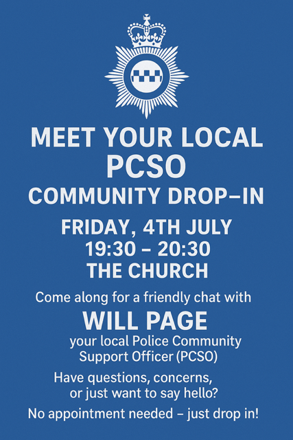 Parish Clerk (@chelvestonpc) on Twitter photo Local PCSO Will Page will be holding a drop in session on Friday (4th July) at St John's in #chelveston between 7:30 pm - 8.30 pm.
No appointment required, just turn up!
<a href="/EN_Policing/">East Northants Police</a> <a href="/NorthantsPolice/">Northants Police</a> Local PCSO Will Page will be holding a drop in session on Friday (4th July) at St John's in #chelveston between 7:30 pm - 8.30 pm.
No appointment required, just turn up!
<a href="/EN_Policing/">East Northants Police</a> <a href="/NorthantsPolice/">Northants Police</a>