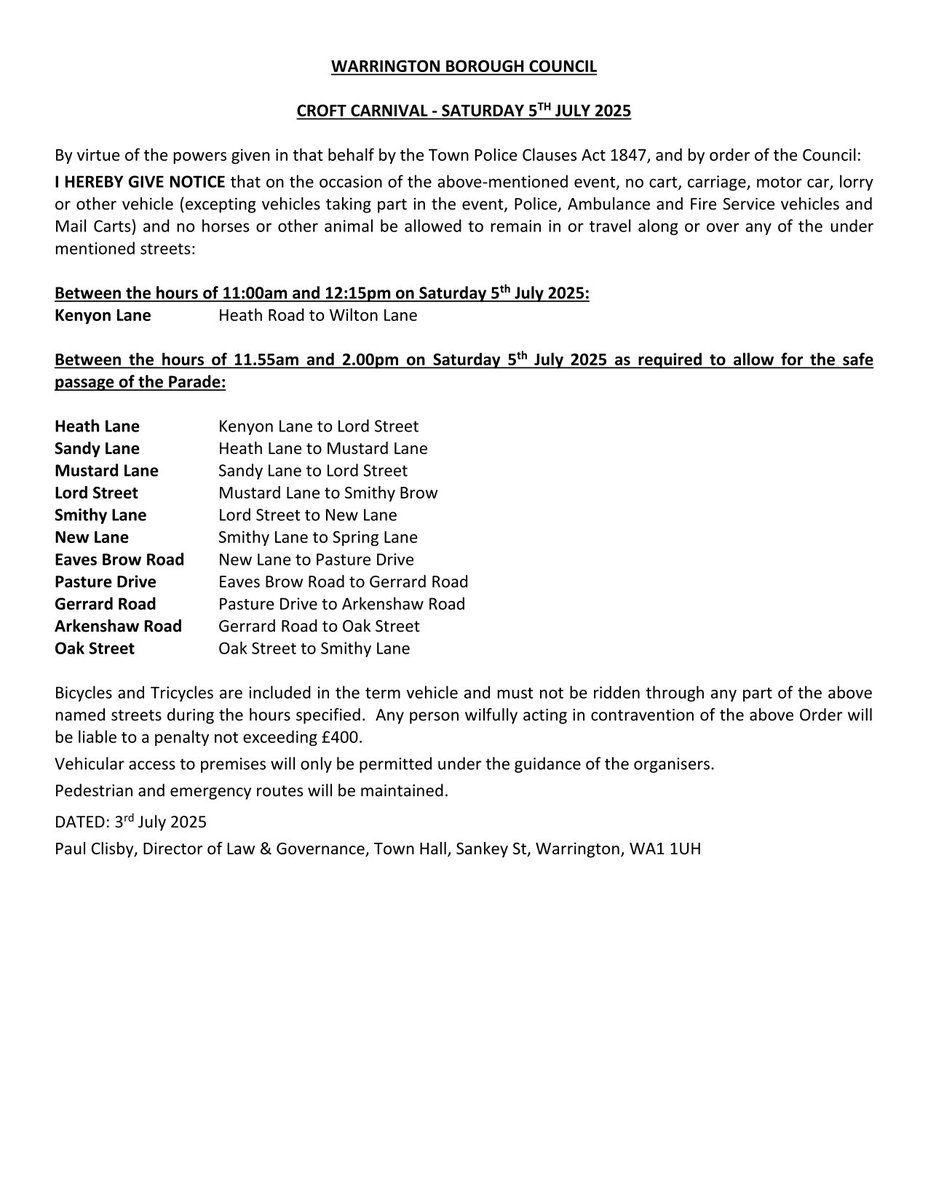 Dear Crofters,
Please be advised of the enclosed road closures ahead of Saturday’s carnival.