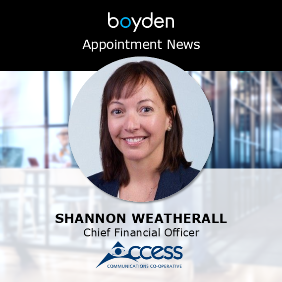 Boyden is pleased to share <a href="/MyAccessCA/">Access Communications</a> appointment news: welcoming new #CFO, Shannon Weatherall.

Recruitment co-led by Craig Hemer &amp; Ryan Vanjoff.

#executivesearch #executiverecruitment #leadership