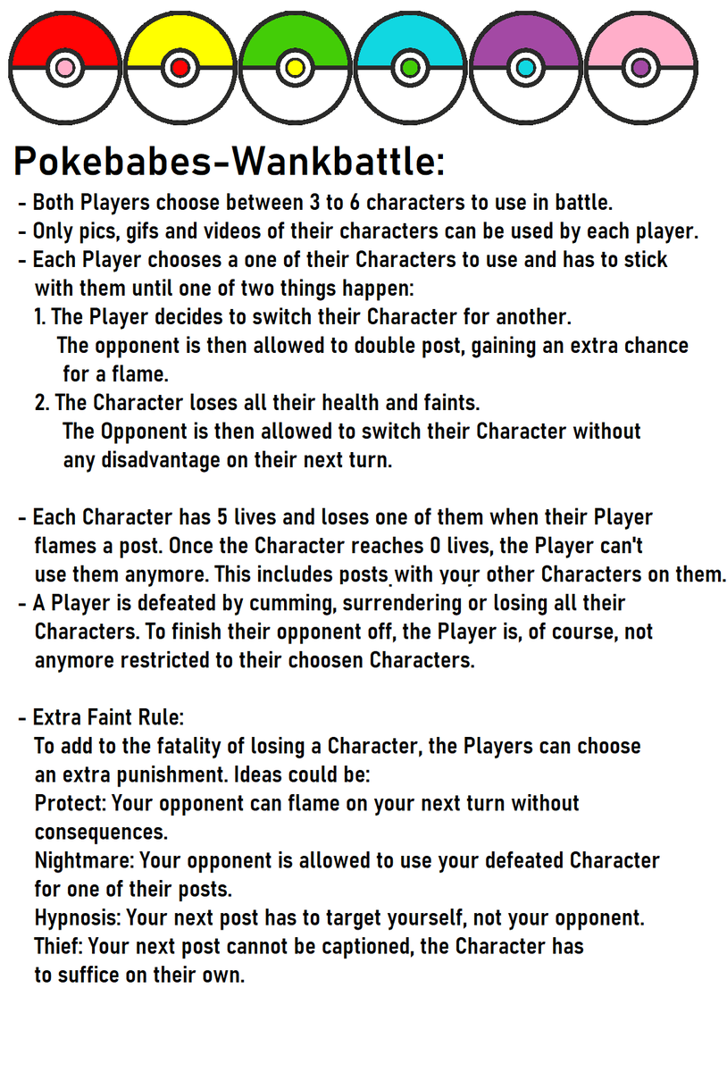 KaiKaiKai60's tweet image. Now for my favourite ruleset ever.

(Whoever made this I LOVE YOU).

This pokemon battle has you grabbing 3-6 characters to bully your enemy with.

I heavily recommend trying this out... And I'll give a few extra strategies for it below~♡