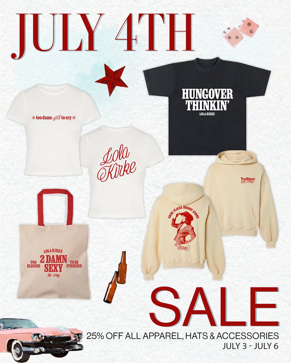 Cowgirls and boys, are you too hot for your pearl snaps &amp; wranglers this weekend? We've got acceptable alternatives. 🤠 

Use code JULY4TH at checkout to receive 25% off apparel, hats, and accessories in the online store starting now through Sun, 7/6!
lolakirkemerch.com