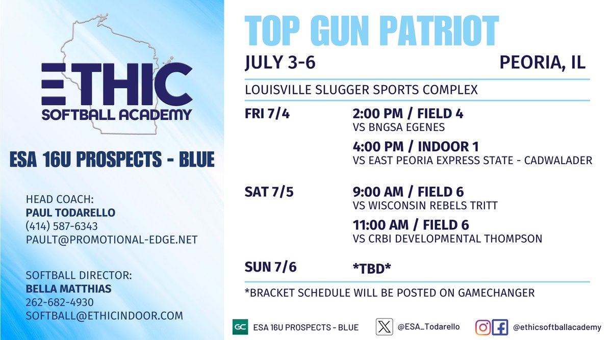 ESA 16U Prospects - Blue (@esa_todarello) on Twitter photo Game Schedule for the Top Gun Patriot in📍Peoria, IL!! 💥
<a href="/Kennedyb2727/">Kennedy Bennett</a> <a href="/madilynmismash/">madilyn mismash</a> <a href="/GSwiezynski/">Grace Swiezynski</a> <a href="/paytonthiese/">Payton Thiesenhusen</a> <a href="/LexiTodarello/">Lexi Todarello</a> <a href="/mackenziedent28/">Mackenzie Dent</a> Game Schedule for the Top Gun Patriot in📍Peoria, IL!! 💥
<a href="/Kennedyb2727/">Kennedy Bennett</a> <a href="/madilynmismash/">madilyn mismash</a> <a href="/GSwiezynski/">Grace Swiezynski</a> <a href="/paytonthiese/">Payton Thiesenhusen</a> <a href="/LexiTodarello/">Lexi Todarello</a> <a href="/mackenziedent28/">Mackenzie Dent</a>