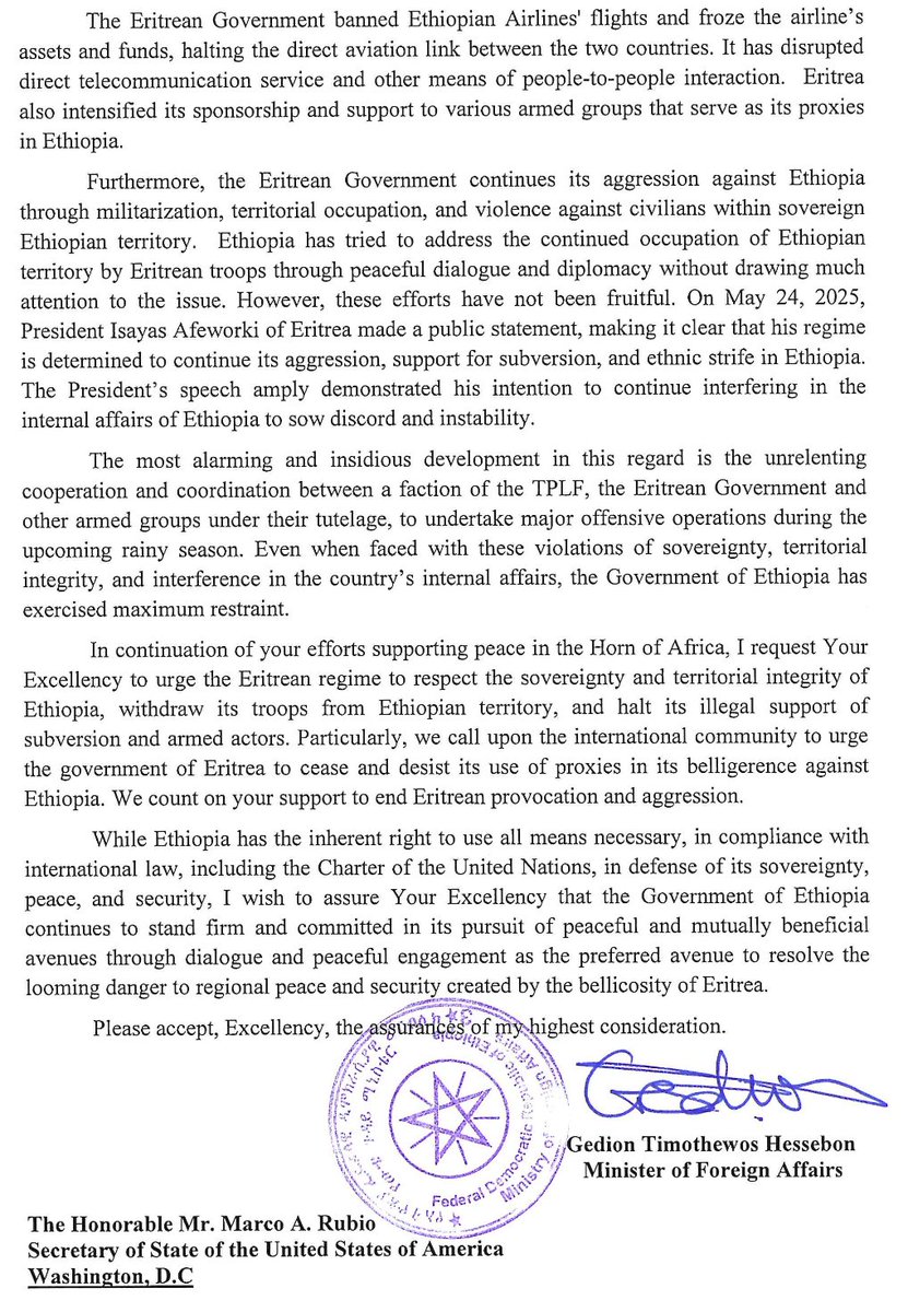 Cameron Hudson (@_hudsonc) on Twitter photo This letter from #Ethiopia's Foreign Minister to <a href="/SecRubio/">Secretary Marco Rubio</a> appears to be the latest attempt for Addis to prepare its case for a renewed conflict with Eritrea. The Trump Admin is in desperate need of a Horn of Africa policy before the ongoing and future conflicts all converge. This letter from #Ethiopia's Foreign Minister to <a href="/SecRubio/">Secretary Marco Rubio</a> appears to be the latest attempt for Addis to prepare its case for a renewed conflict with Eritrea. The Trump Admin is in desperate need of a Horn of Africa policy before the ongoing and future conflicts all converge.