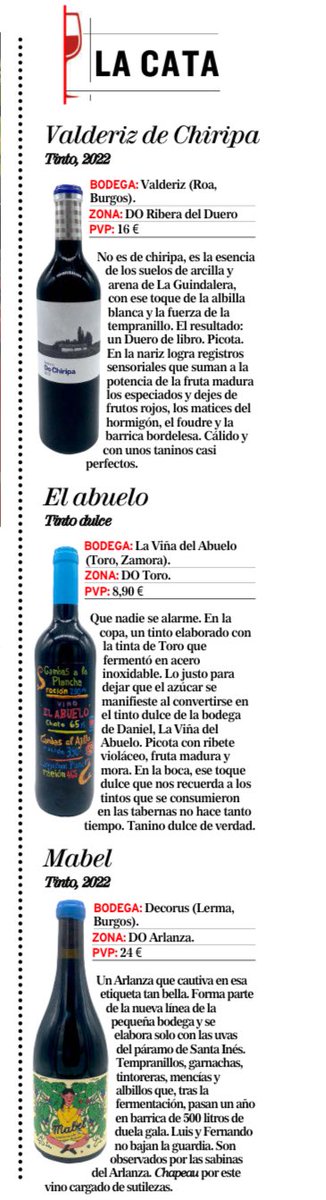En mi #CataJPA os sugiero estos tres vinos en <a href="/DiarioCyLMundo/">Diario de Castilla y León</a> 

🍷 <a href="/ByV_VALDERIZ/">ByV_VALDERIZ</a> - <a href="/DORibera/">Ribera Del Duero</a> 
🍷 #LaViñadelabuelo- <a href="/VinodeToro/">D.O. Toro</a> 
🍷 <a href="/BodegasDecorus/">Bodegas Decorus</a> - <a href="/DOArlanza1/">Denominación de Origen Arlanza</a>
