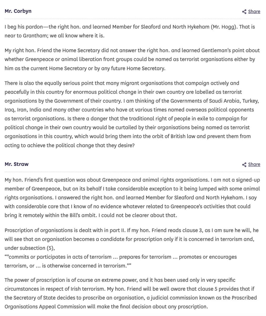 Second reading of the Terrorism Bill, 14 December 1999. Home Secretary Jack Straw responds to a query about proscription by referring to it as an "extreme power" "used only in very specific circumstances," like the armed conflict in the north of Ireland.