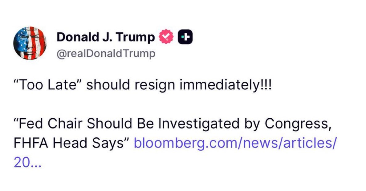crypt0o_manran's tweet image. Trump is calling for Powell’s immediate resignation and a Congressional investigation, sparking uncertainty in the markets as Bitcoin pushes toward its ATH... 

I’m LIVE on the Crypto Banter YouTube channel NOW to break it all down.