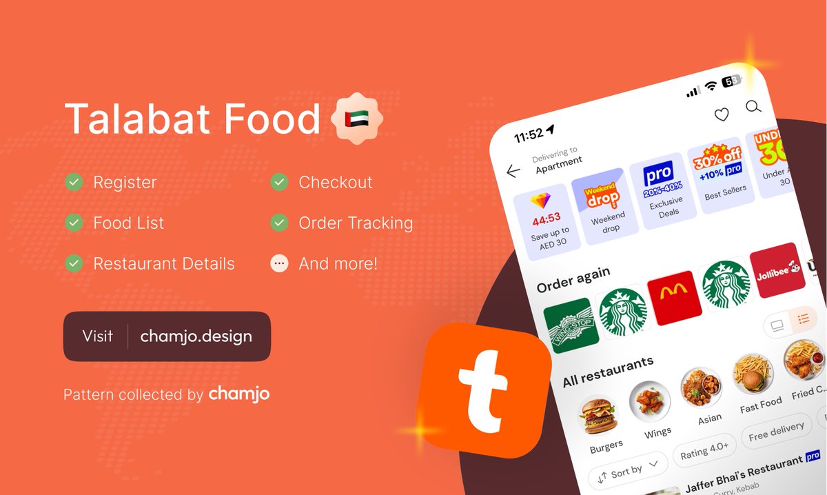 chamjodesign's tweet photo. Talabat Food is live on https://t.co/eOmz9opW0C!
Explore their patterns for fresh ideas and design inspiration!

Flow including:

🍔 Food List
📍 Order Tracking
👨🏻‍🍳 Restaurant Details
🛒 Checkout
📝 Register https://t.co/6Oo2jfC1Za