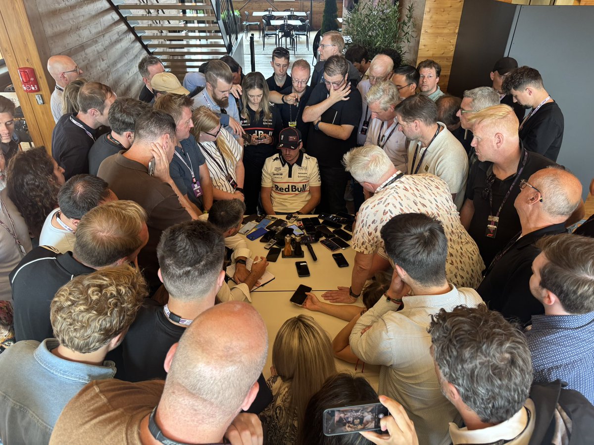 Had my phone nicked by <a href="/snapper_thommo/">Mark Thompson</a> - who was balancing on a chair to get this shot of Max saying he has nothing to add to what he said last week, amid rumours he’s open to joining Mercedes in 2026 #F1 #BritishGP