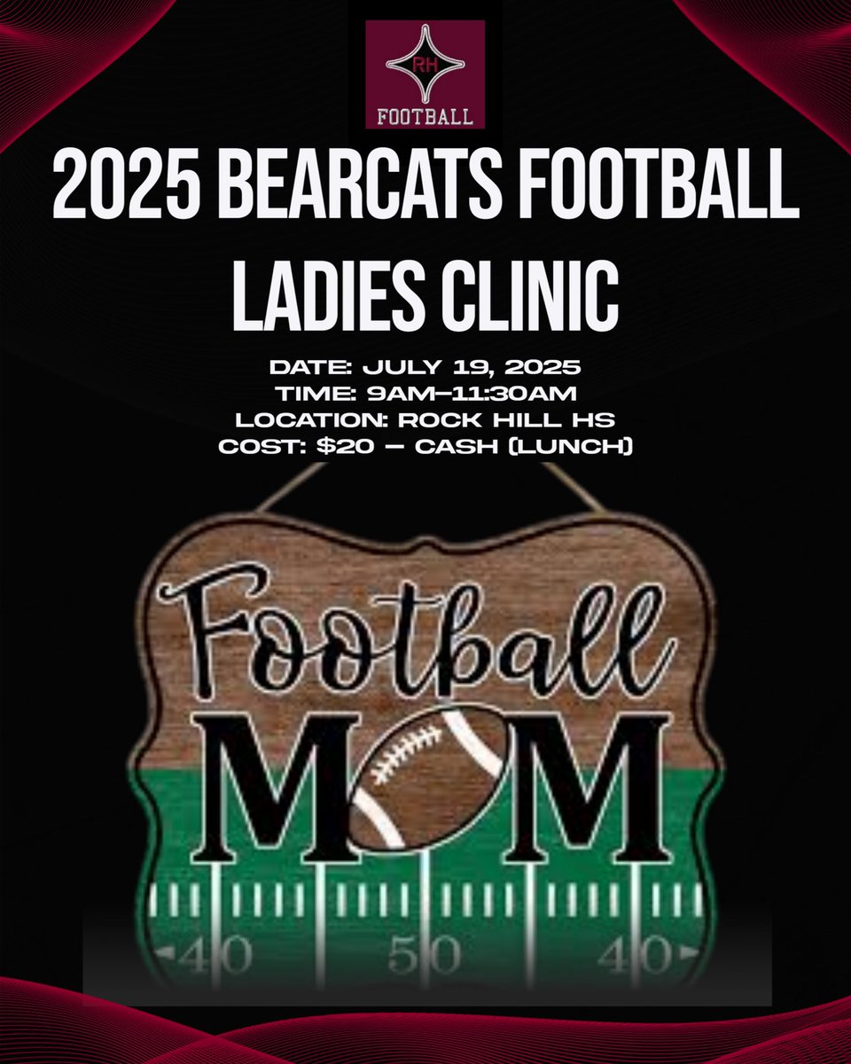 Rock Hill Football (@rhhsbearcatsfb) on Twitter photo ๐ ๐ RHHS Ladies Football Clinic ๐
Come learn the game, live the culture, and level up with the Bearcats!
๐
July 19, 2025
๐ 9AMโ11:30AM
๐ Rock Hill High School
๐ต $20 CASH (includes lunch!) Follow the ๐ docs.google.com/forms/d/e/1FAIโฆ
#LadiesClinic2025
#EARNIT <a href="/BoulwareLeon/">Coach Boulware</a> ๐ ๐ RHHS Ladies Football Clinic ๐
Come learn the game, live the culture, and level up with the Bearcats!
๐
July 19, 2025
๐ 9AMโ11:30AM
๐ Rock Hill High School
๐ต $20 CASH (includes lunch!) Follow the ๐ docs.google.com/forms/d/e/1FAIโฆ
#LadiesClinic2025
#EARNIT <a href="/BoulwareLeon/">Coach Boulware</a>