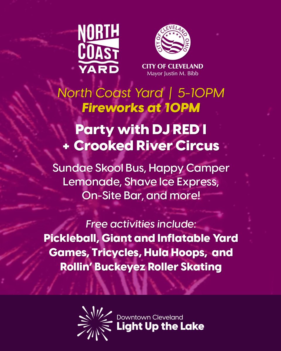 Downtown Cleveland (@downtowncle) on Twitter photo It’s almost time for downtown’s double-whammy 4th of July lakefront celebration! 🎆🥳
From 5-10pm on July 4th, join Downtown Cleveland, Inc.’s Light Up the Lake watch party at Voinovich Park, AND North Coast Waterfront Development Corporation’s <a href="/NorthCoastYard/">North Coast Yard</a> extravaganza! It’s almost time for downtown’s double-whammy 4th of July lakefront celebration! 🎆🥳
From 5-10pm on July 4th, join Downtown Cleveland, Inc.’s Light Up the Lake watch party at Voinovich Park, AND North Coast Waterfront Development Corporation’s <a href="/NorthCoastYard/">North Coast Yard</a> extravaganza!