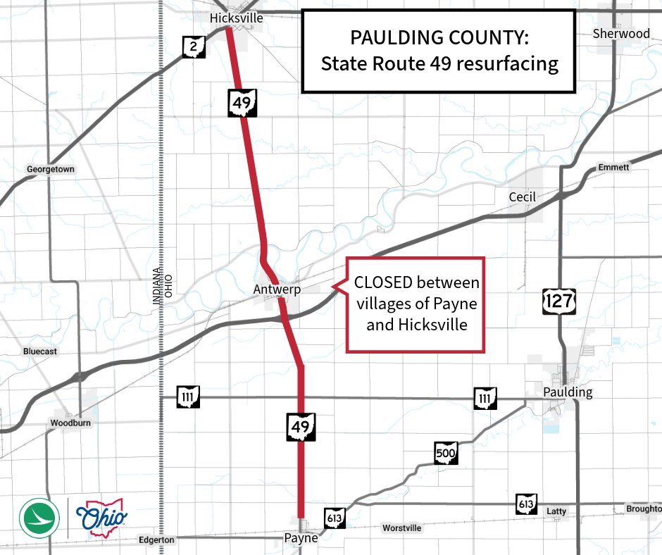 ODOT_NWOhio's tweet image. DEFIANCE & PAULDING CO: State Route 49 between the villages Payne and Hicksville will close July 14 - Aug. 8, for full width resurfacing, a process known as echelon paving. Access to local properties will be maintained. Visit OHGO.com for the latest updates.