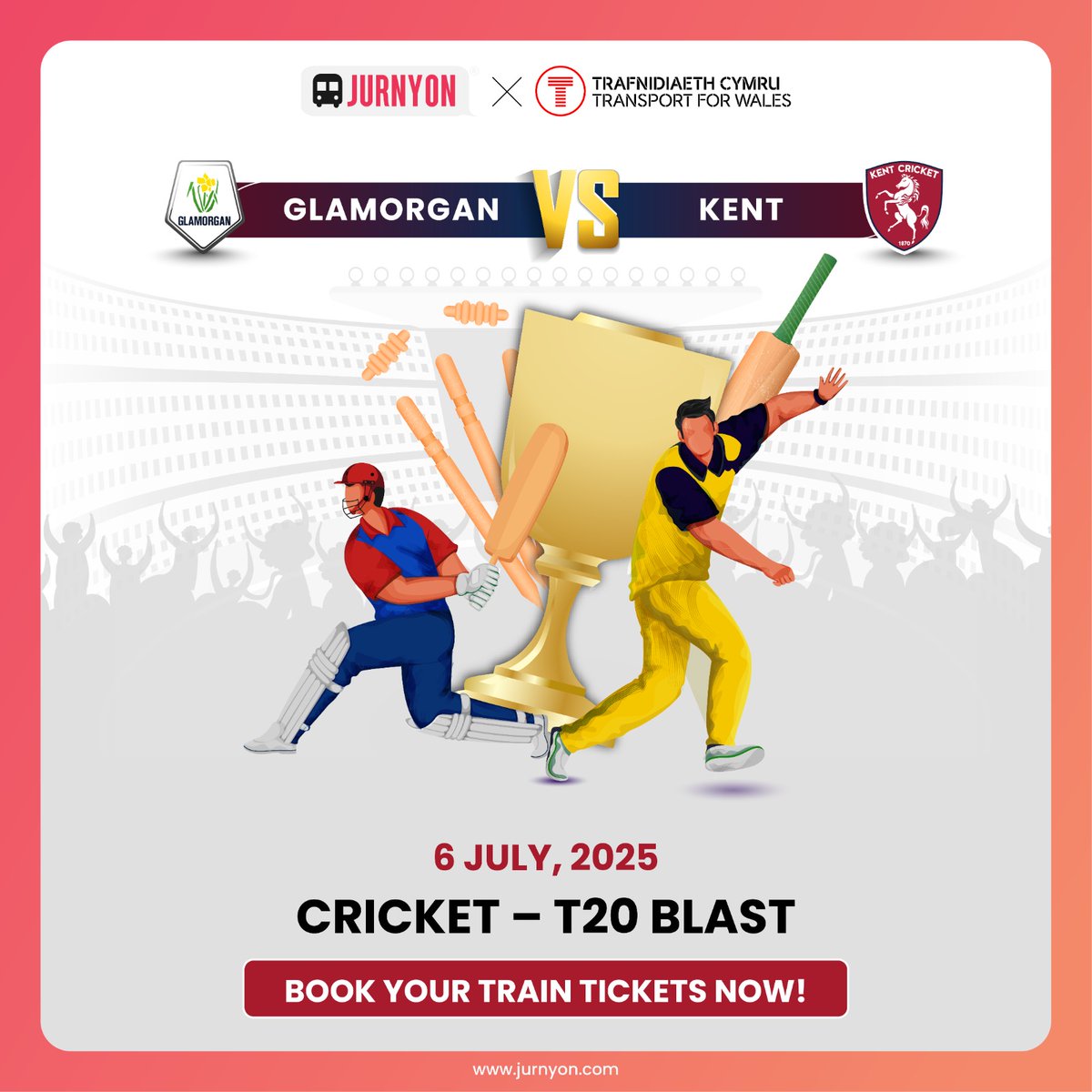 Glamorgan faces Kent in a fiery T20 Blast showdown at Sophia Gardens this July 6—don’t miss the action!

Heading to the match? Travel smart across the TfW network with JurnyOn.
📲 Download the JurnyOn app and make match day even better.
apps.apple.com/gb/app/jurnyon…
#GlamorganCricket
