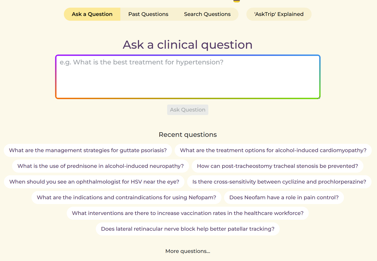 Do you ever need evidence-based answers to your clinical questions?

If so, try AskTrip. It's been live for a little over a week with over 400 Q&amp;As

tripdatabase.com/ask

Read more here blog.tripdatabase.com/2025/06/25/ask…