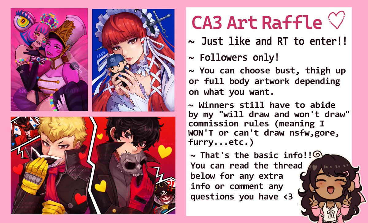 ca3_crazyanime3's tweet photo. 💖CA3 Art Raffle💖
To celebrate (super late) reaching 10k followers! Picking 1 winner on here and 1 on bsky✨️🫶🏽 Get a FREE art request (2 characters max, simple background only) 🎉

RULES:
♡ Followers only 
♡ Just RT/Like for entry! 

》Ends July 6th

☆ More info below🧵 ⬇️ https://t.co/iC1jpNea6o