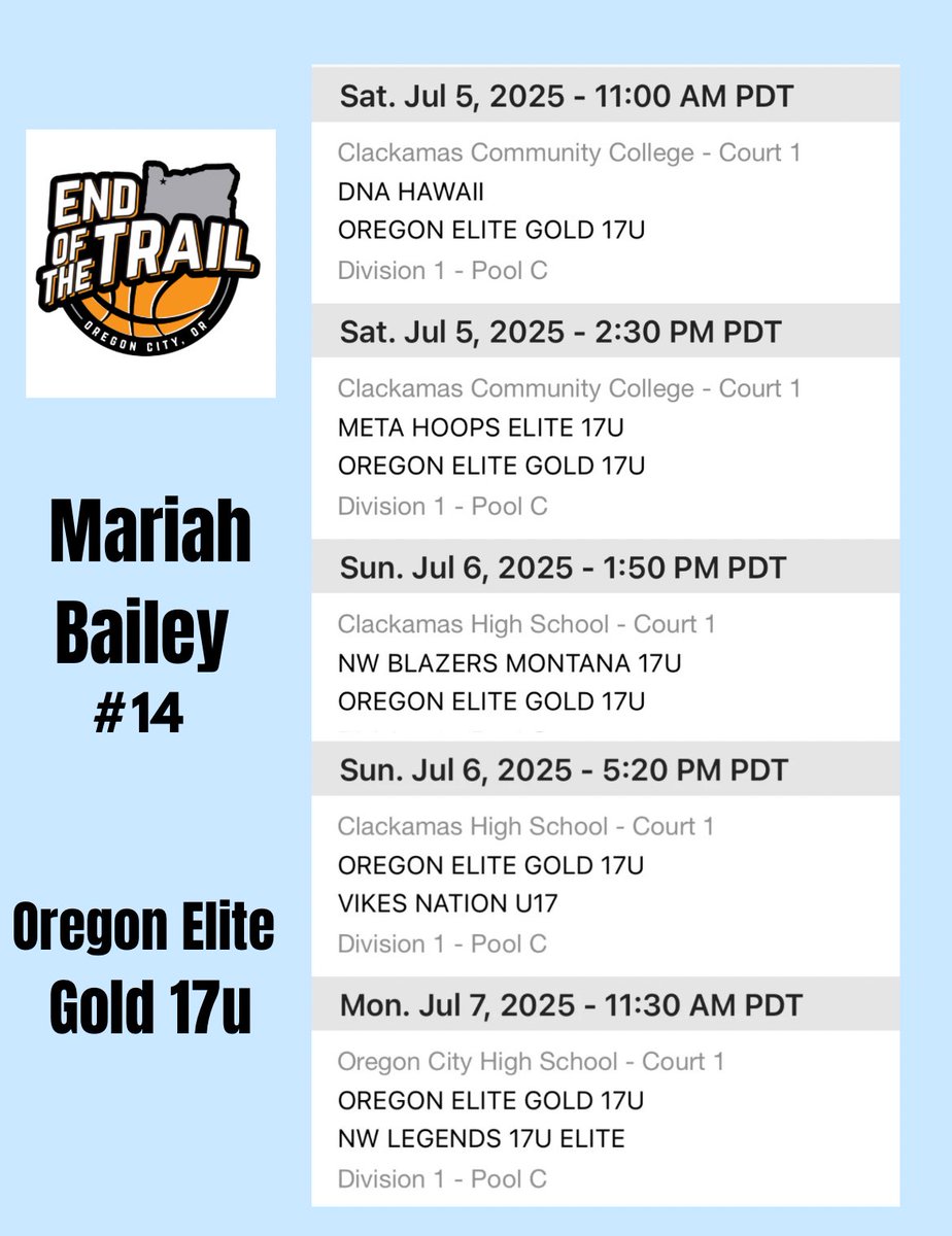 Mariah Bailey (@bailey_mariah26) on Twitter photo Here’s my schedule for the End of the Trail NW Showcase in Oregon City, OR July 5-7th. Come watch us compete!
<a href="/EOTBasketball/">EOT Basketball</a> <a href="/OregonEliteBbx/">Oregon Elite</a> Here’s my schedule for the End of the Trail NW Showcase in Oregon City, OR July 5-7th. Come watch us compete!
<a href="/EOTBasketball/">EOT Basketball</a> <a href="/OregonEliteBbx/">Oregon Elite</a>