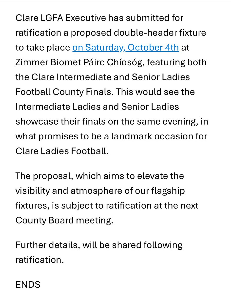 Massive PR faux pas being proposed here. Putting the LGFA final on the day before the SHC final will hugely diminish the coverage in the lead up, and a Saturday fixture will lead to a lot of issues for players also. Hopefully clubs voice their concerns on this.