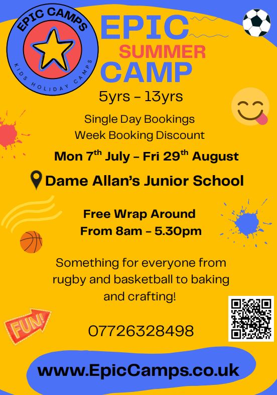 We are hosting <a href="/EpicCampsuk/">Epic Camps UK</a> Summer Camp from 7 July - 29 Aug, with day and weekly bookings available 🎉 
.
Ages 5 - 13 can enjoy a mix of high-energy sports, crafts and baking - plus the occasional water fight or slip and slide to keep things exciting!
.
epiccamps.co.uk/dameallanssumm…