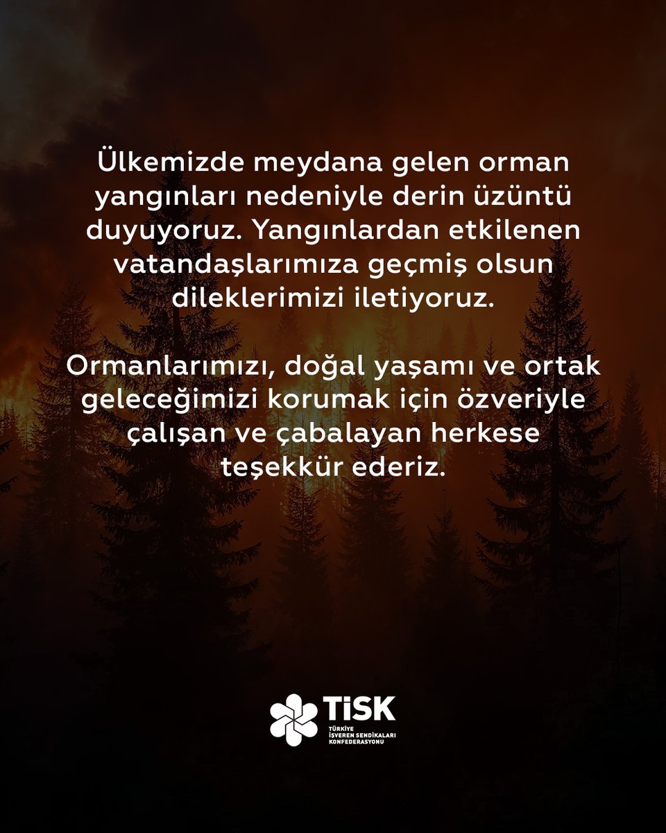 Ülkemizde meydana gelen orman yangınları nedeniyle derin üzüntü duyuyoruz. Yangınlardan etkilenen vatandaşlarımıza geçmiş olsun dileklerimizi iletiyoruz.

Ormanlarımızı, doğal yaşamı ve ortak geleceğimizi korumak için özveriyle çalışan ve çabalayan herkese teşekkür ederiz.

#TİSK