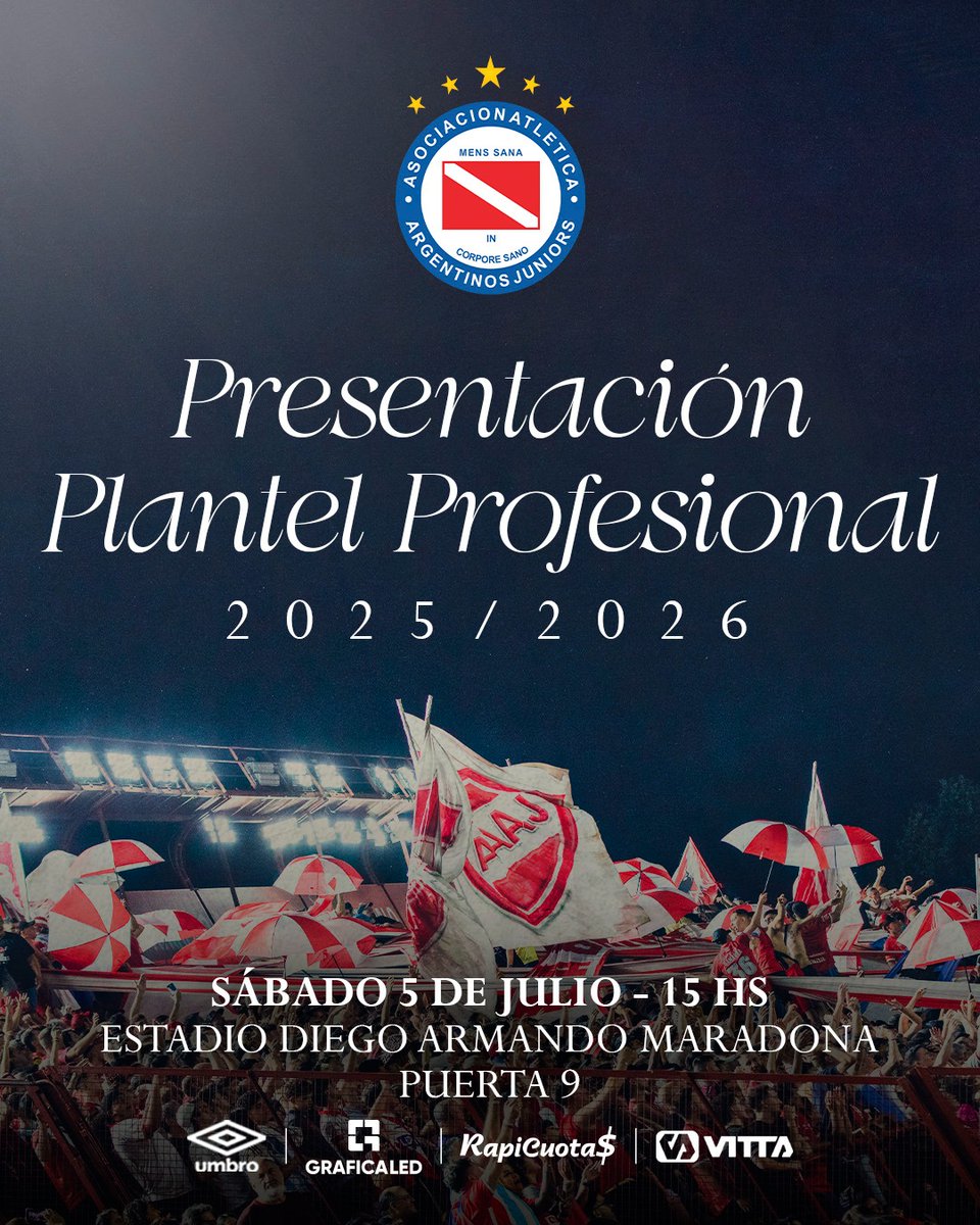 Argentinos Juniors (@aaajoficial) on Twitter photo #AAAJ 🌎 El Semillero del Mundo invita a sus <a href="/SociosAAAJ/">Oficina de Socios y Socias AAAJ</a> a compartir un momento especial junto al primer equipo.
Este sábado 5 de julio, desde las 15 hs, quienes tengan su cuota al día podrán asistir al estadio para participar de la presentación del plantel profesional 2025/26 y #AAAJ 🌎 El Semillero del Mundo invita a sus <a href="/SociosAAAJ/">Oficina de Socios y Socias AAAJ</a> a compartir un momento especial junto al primer equipo.
Este sábado 5 de julio, desde las 15 hs, quienes tengan su cuota al día podrán asistir al estadio para participar de la presentación del plantel profesional 2025/26 y