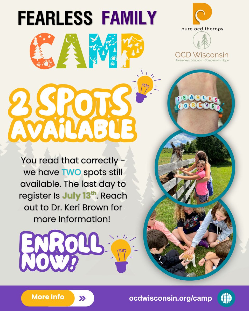 🌲✨ Only 2 spots left for Fearless Family Camp! ✨🌲

Join us for a weekend of connection, courage, and community — where OCD doesn't hold the pen. 💪

📅 Last day to register: July 13th
📍 Learn more + enroll now: ocdwisconsin.org/camp