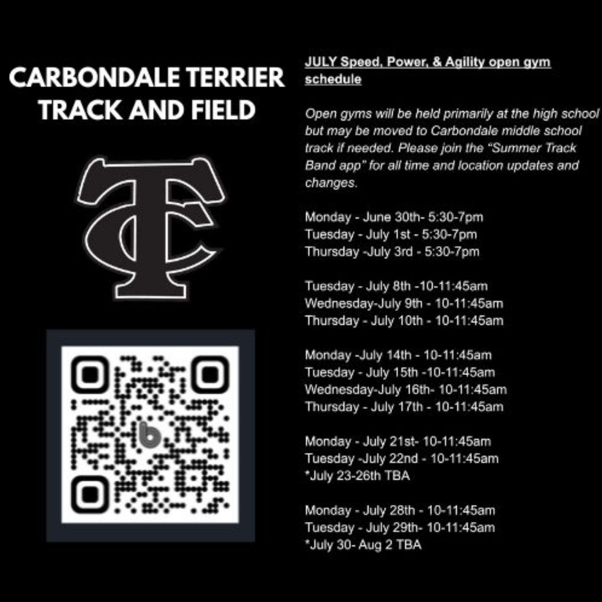 Terrier Track and Field Athletes! Here is the July Speed, Power and Agility open gym schedule.  Scan the QR code to join the Track and Field group chat to stay up to date on information surrounding workout times and locations!