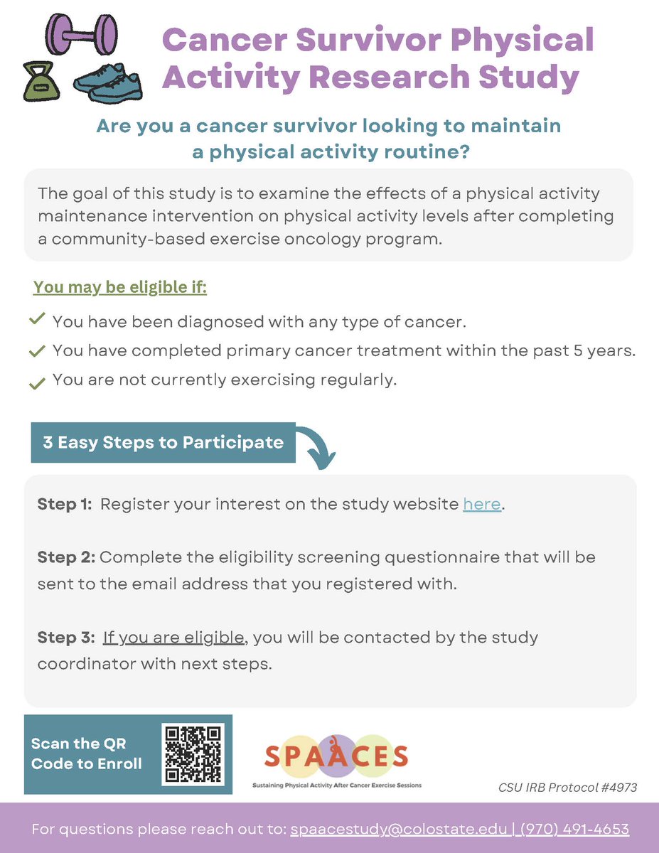 Are you an individual living with cancer or beyond cancer looking to maintain a physical activity routine? You may be eligible to participate in a virtual research study conducted by Colorado State University. 

Find out more -  spaaces.studyenrollment.com