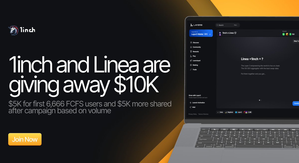 1inch and Linea are giving away $10K!

$5K will be given to the first 6666 FCFS participants and another $5K will be given away after the campaign depending on the amount of activity.

The tasks are as easy as ever, this is your chance, the sooner you participate the better your