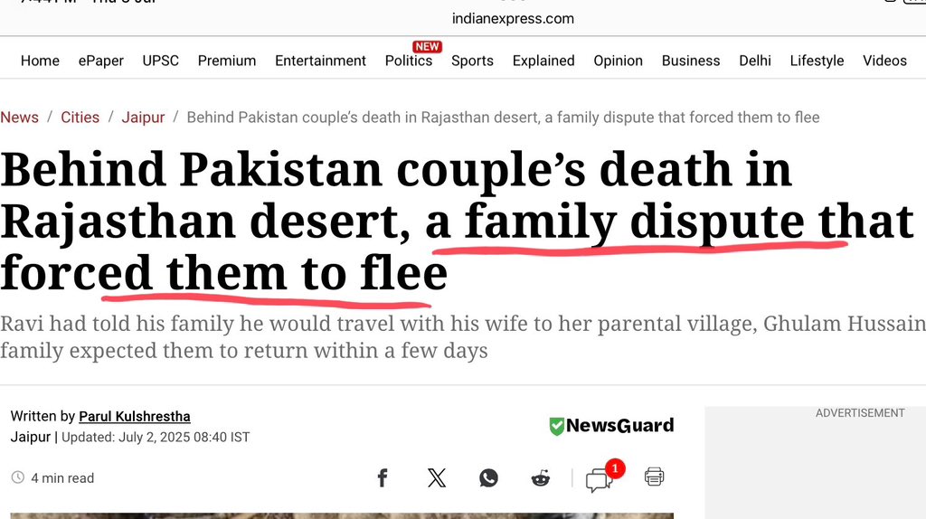This is how they trivialise and erase the suffering of Pakistani Hindus 

A Hindu couple from Pakistan, waiting for Indian visa for 1.5 years, risked their lives to come to Bharat on foot, but died of thirst and heat after walking about 10 km into Jaisalmer 

Here, Indian Express