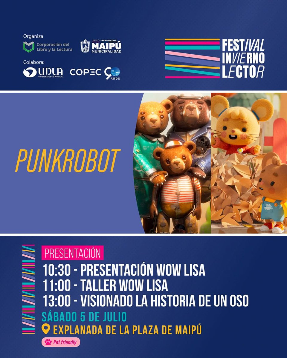 UDLAChile (@udla_cl) on Twitter photo 📚 Este 4 y 5 de julio, la Plaza de Maipú será escenario del Festival Invierno Lector, organizado por <a href="/Muni_Maipu/">Municipalidad de Maipú</a>, y Universidad de Las Américas será parte de esta experiencia.
Además, nuestro aliado académico <a href="/PunkrobotStudio/">Punkrobot Studio</a>, ganador del Oscar, desarrollará 2 conversatorios. 📚 Este 4 y 5 de julio, la Plaza de Maipú será escenario del Festival Invierno Lector, organizado por <a href="/Muni_Maipu/">Municipalidad de Maipú</a>, y Universidad de Las Américas será parte de esta experiencia.
Además, nuestro aliado académico <a href="/PunkrobotStudio/">Punkrobot Studio</a>, ganador del Oscar, desarrollará 2 conversatorios.