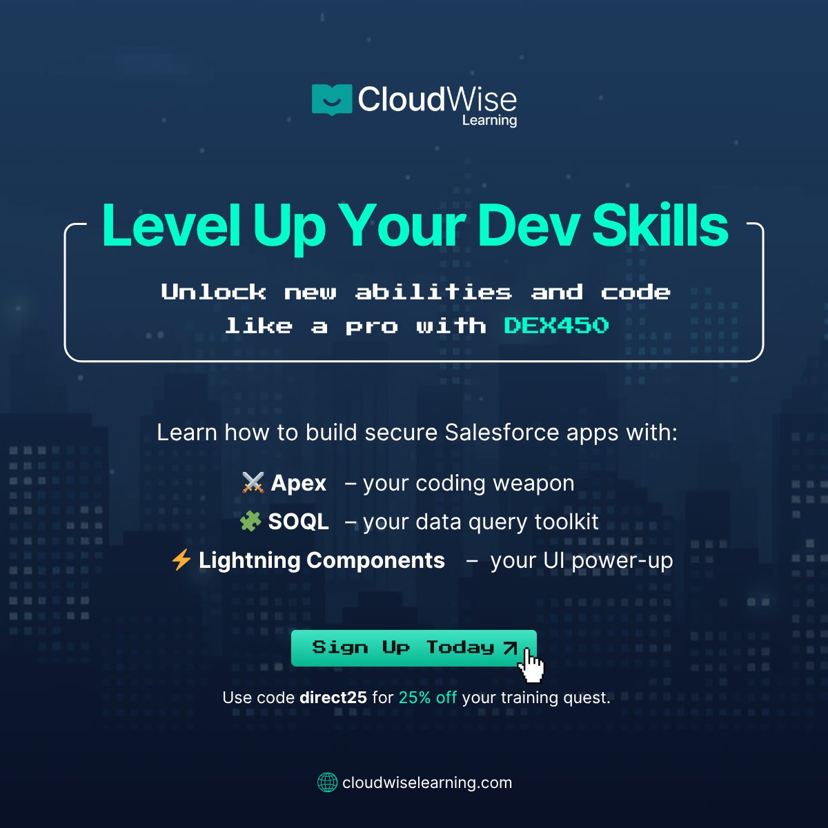 wmastrangelo's tweet image. Ready to move beyond point-and-click? 🕹️
Let’s switch your team to dev mode with a 25% off on our DEX450 course. 

🌐 Use the code direct25 and begin the quest here: hubs.ly/Q03vpVY20 

#SalesforceTraining #SalesforceDeveloper #DEX450 #Salesforce #CloudWiseLearning