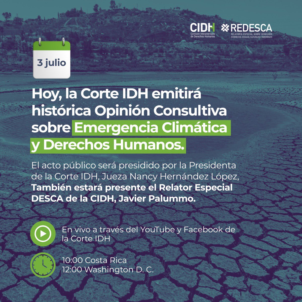 HOY la <a href="/CorteIDH/">Corte Interamericana de Derechos Humanos</a> realiza el acto público de notificación de la Opinión Consultiva OC-32/25 sobre “Emergencia Climática y Derechos Humanos”, solicitada por Chile y Colombia. 
Montevideo fue parte y espera con expectativa este paso.
🔗 youtube.com/@corteintdh
⏰13:00 horas 🇺🇾