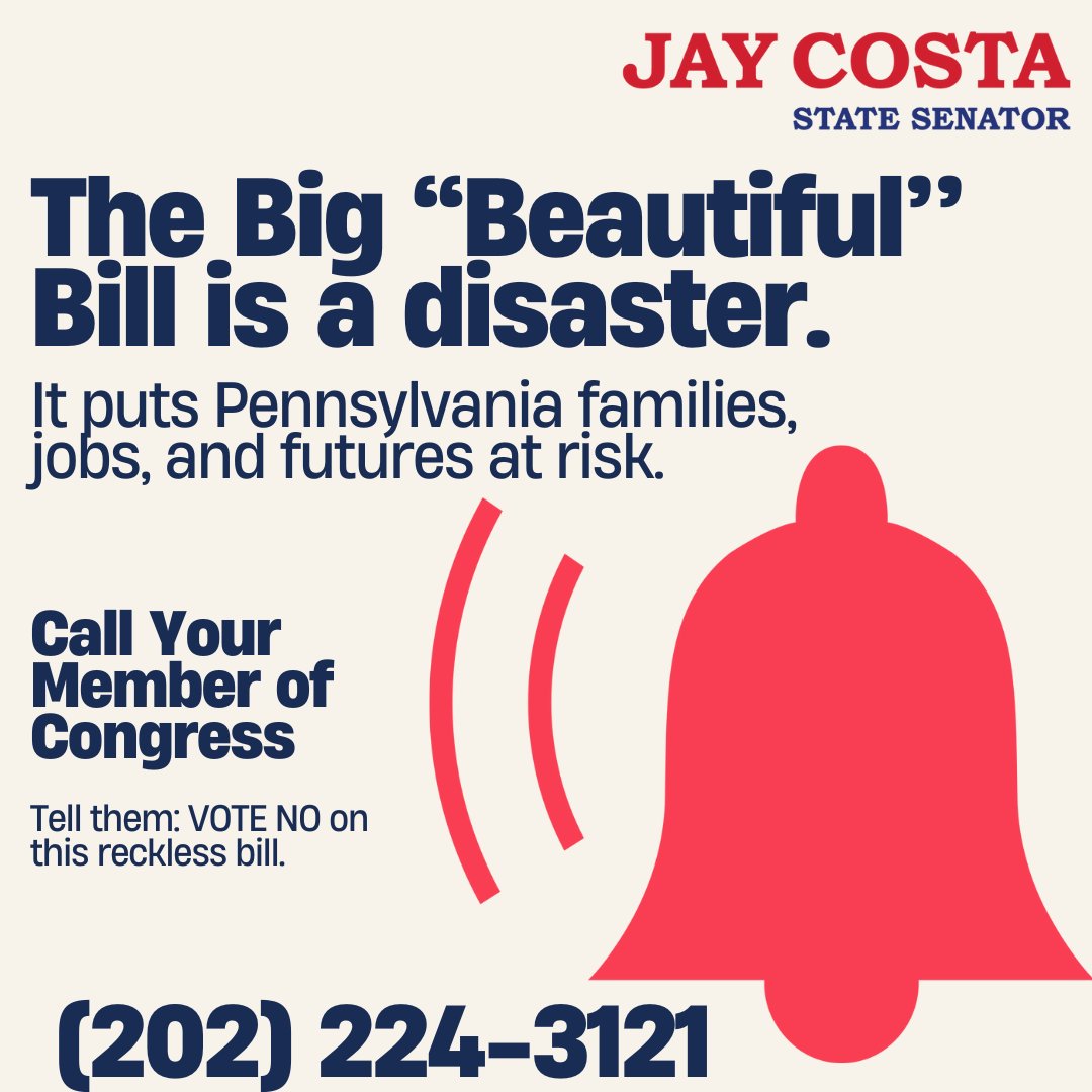The “Big Beautiful Bill” is a disaster for PA.

❌ Cuts health care
❌ Slashes food aid
❌ Gives billionaires tax breaks
❌ Adds $3.3T in debt

📞 Call Congress: (202) 224-3121
Tell them: VOTE NO on this reckless bill. #PASen #VoteNo

 #StopTheBill