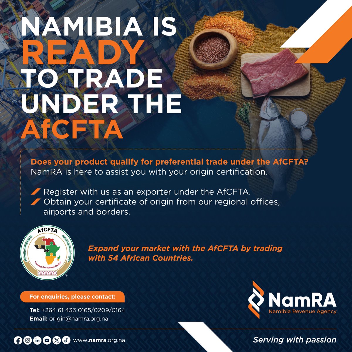 Namibia is ready to trade under the AfCFTA! 🌍

NamRA is helping exporters access new markets by providing origin certification and registration support.
Trade across 54 African countries under preferential terms.

Let’s grow Namibia’s exports together.