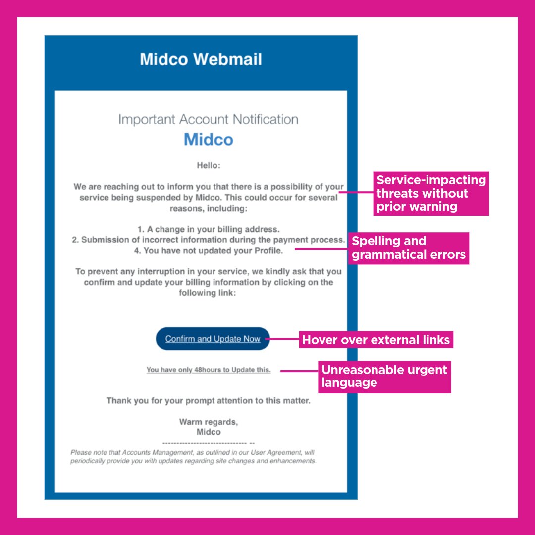 Midco Support (@midcontinent) on Twitter photo Stay alert! Scammers are getting crafty, but we've got your back. 💪
Check out this phishing attempt and learn how to spot the warning signs. Remember to report any Midco-related suspicious activity to abuse@midco.net. 📧 Stay alert! Scammers are getting crafty, but we've got your back. 💪
Check out this phishing attempt and learn how to spot the warning signs. Remember to report any Midco-related suspicious activity to abuse@midco.net. 📧
