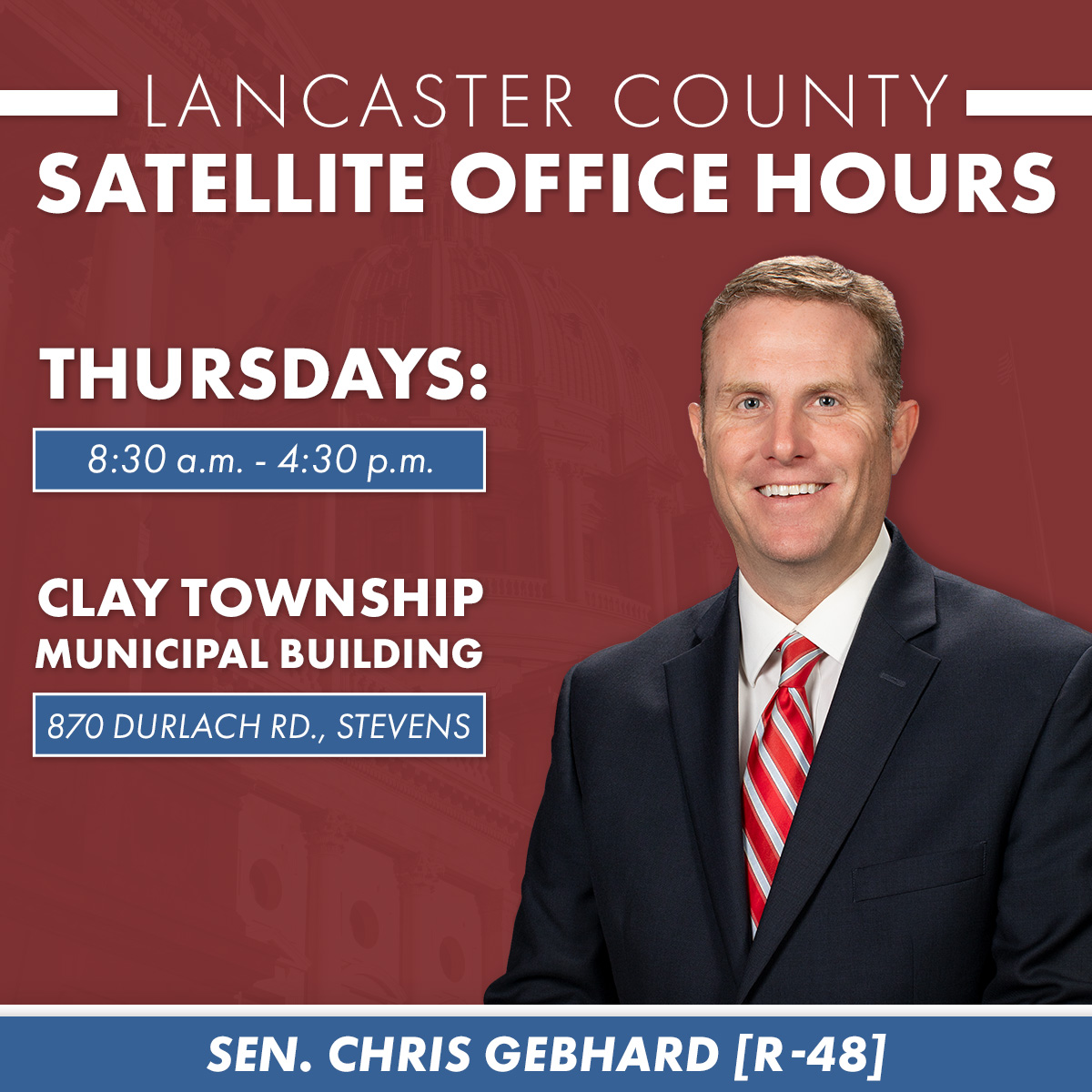 SenatorGebhard's tweet image. I’m thrilled to announce, starting Thursday, July 10, one of my staff members will be available every Thursday from 8:30 AM to 4:30 PM at the Clay Township Building.
Please do not hesitate to reach out for assistance at 717-274-7705.
senatorgebhard.com/2025/07/02/geb…