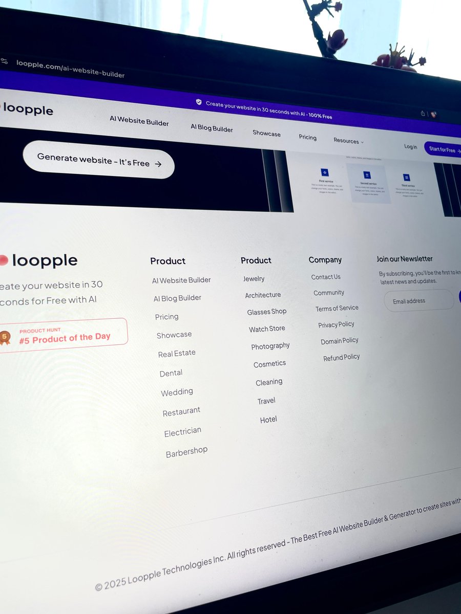 Our footer’s starting to look like a real company.

AI builder for blogs, dentists, weddings, barbers... and more.

Loopple AI is growing. Fast.
→ Loopple.com/AI