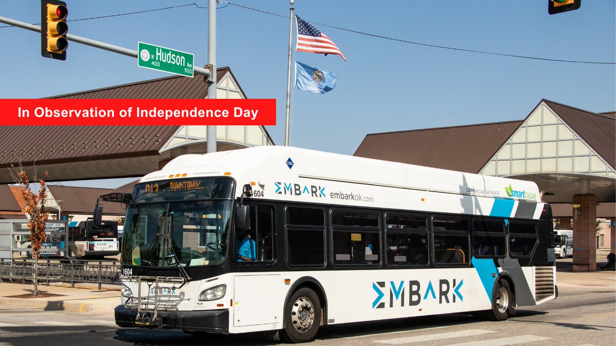 EMBARK (@embarkok) on Twitter photo In observation of Independence Day:
โค๏ธ OKC Bus: weekend schedule
๐ค No Norman service
๐ <a href="/OKCStreetcar/">OKC Streetcar</a>: regular schedule until 2 am
โค๏ธ @RAPIDbrt: 30-minute frequency from 7 am โ 10 pm
๐ค Customer Service is closed
๐ All bus, streetcar, and RAPID trips are fare free In observation of Independence Day:
โค๏ธ OKC Bus: weekend schedule
๐ค No Norman service
๐ <a href="/OKCStreetcar/">OKC Streetcar</a>: regular schedule until 2 am
โค๏ธ @RAPIDbrt: 30-minute frequency from 7 am โ 10 pm
๐ค Customer Service is closed
๐ All bus, streetcar, and RAPID trips are fare free
