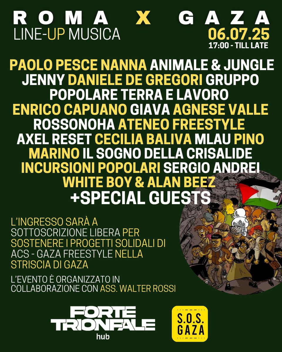Tutti i prodotti della campagna #ArtistixGaza li potrete acquistare al prezzo speciale di 15€ il #6luglio all'evento #ROMAxGAZA🇵🇸❤️ al Forte Trionfale a #Roma
Una doppia occasione x sostenere il popolo palestinese a resistere al tentativo di #Genocidio sionista
#FreePalestine🇵🇸