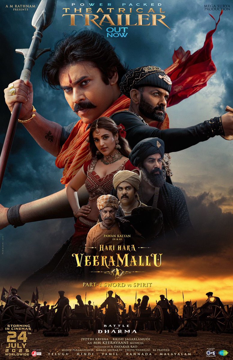 ProSardhar's tweet photo. Aandhi Vacchesindi !!! 💪🏼💪🏼💪🏼

#HariHaraVeeraMallu trailer is powerful and sensational. My guru garu @PawanKalyan mama, in his full glory. 

Veera Mallu Always for Dharma. Can't wait to witness the power storm in theatres on July 24th

https://t.co/ubehp14V7E… https://t.co/rMeW8N4qfy