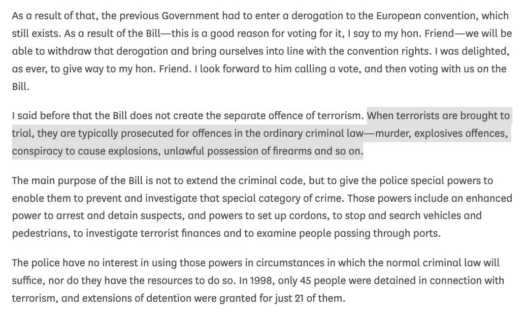 Second reading of the Terrorism Bill, 14 December 1999. Home Secretary Jack Straw lists examples of terrorism offences: "murder, explosives offences, conspiracy to cause explosions, unlawful possession of firearms and so on."