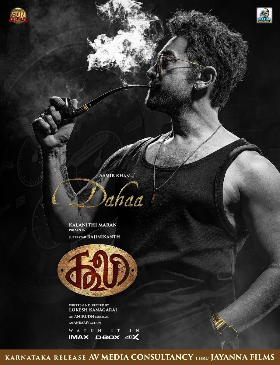 Venkatesh (@venkatavmedia) on Twitter photo #AamirKhan as Dahaa, from the world of #Coolie 😎⚡
#Coolie is all set to dominate IMAX screens worldwide from August 14th 🔥
An AV Media Consultancy Release in Karnataka thru <a href="/JayannaFilms/">Jayanna Films</a>
<a href="/rajinikanth/">Rajinikanth</a> <a href="/Dir_Lokesh/">Lokesh Kanagaraj</a> <a href="/anirudhofficial/">Anirudh Ravichander</a> <a href="/iamnagarjuna/">Nagarjuna Akkineni</a> <a href="/nimmaupendra/">Upendra</a> #SathyaRaj #AamirKhan as Dahaa, from the world of #Coolie 😎⚡
#Coolie is all set to dominate IMAX screens worldwide from August 14th 🔥
An AV Media Consultancy Release in Karnataka thru <a href="/JayannaFilms/">Jayanna Films</a>
<a href="/rajinikanth/">Rajinikanth</a> <a href="/Dir_Lokesh/">Lokesh Kanagaraj</a> <a href="/anirudhofficial/">Anirudh Ravichander</a> <a href="/iamnagarjuna/">Nagarjuna Akkineni</a> <a href="/nimmaupendra/">Upendra</a> #SathyaRaj