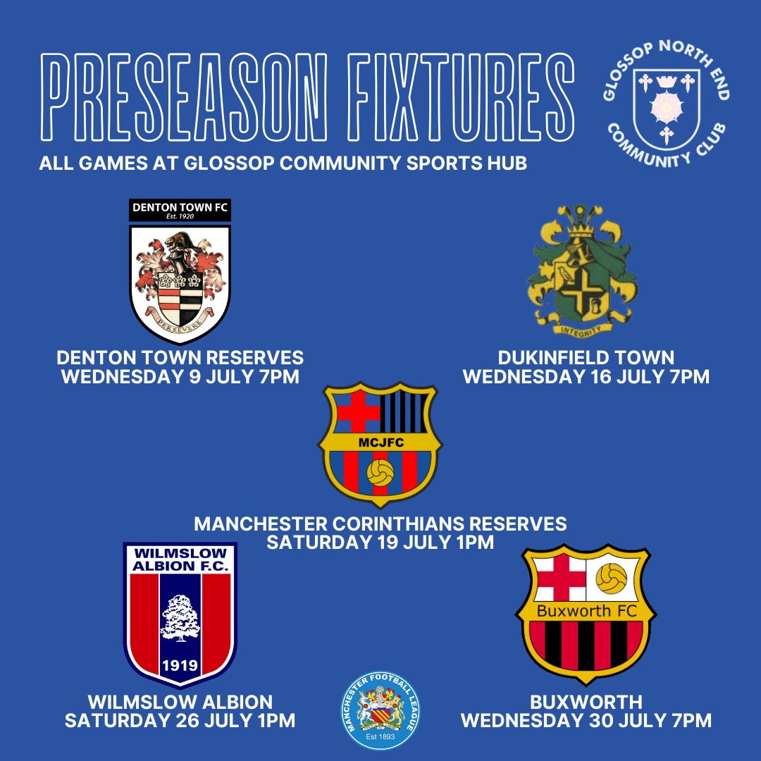 Glossop North End Community Club (@glossopfootball) on Twitter photo ๐
PRE-SEASON FIXTURES!
Our 1st team are back in training, ready for the new season with a packed pre-season schedule!
All matches at Glossop Community Sports Hub, SK13 7QG. Come down and back the lads!
<a href="/dentontown_fc/">Denton Town FC</a> <a href="/DukiTownYouthFC/">Dukinfield Town & Youth FC</a> <a href="/BuxworthFC/">Buxworth FC</a> <a href="/Wilmslowalbion/">Wilmslow Albion FC</a> <a href="/MCRCORINTHIANS/">Manchester Corinthians FC</a> ๐
PRE-SEASON FIXTURES!
Our 1st team are back in training, ready for the new season with a packed pre-season schedule!
All matches at Glossop Community Sports Hub, SK13 7QG. Come down and back the lads!
<a href="/dentontown_fc/">Denton Town FC</a> <a href="/DukiTownYouthFC/">Dukinfield Town & Youth FC</a> <a href="/BuxworthFC/">Buxworth FC</a> <a href="/Wilmslowalbion/">Wilmslow Albion FC</a> <a href="/MCRCORINTHIANS/">Manchester Corinthians FC</a>