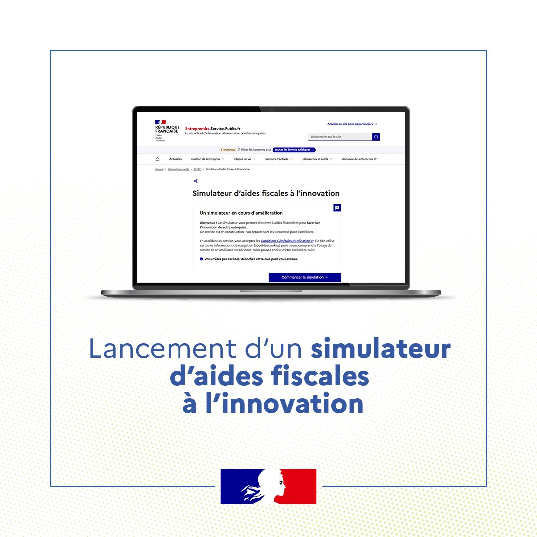 DGEntreprises's tweet image. #Entreprises | 💻 Lancement d’un simulateur d'aides fiscales pour accompagner les entreprises innovantes.
La @DGEntreprises, en lien avec la Direction générale des Finances publiques, la Direction interministérielle du numérique et la Direction de l'information légale et…